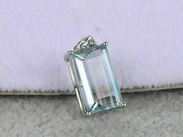 3Ct Emerald Cut Simulated Aquamarine Solitaire Pendant 14K White Gold Plated 18&quot; - £33.05 GBP