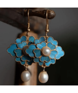 Cloisonne &amp; Pearl Gilded Earrings | Traditional Retro Vintage Dangle Gol... - £38.71 GBP