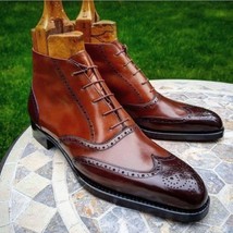 NEW Handmade Boots Two Tone Brogue Wingtip Cap Toe Brown Leather Ankle Lace Up - £143.52 GBP