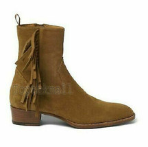 Handmade Men&#39;s Leather Tan Fringed Ankle High Suede Formal Casual Boots-618 - £201.83 GBP