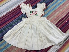 Vtg 30s 40s Girl’s Ruffle Pinafore Dress Apron Cross Stitch Strawberries... - £39.17 GBP