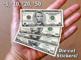 4x Small Money STICKERS Dollar Bills Tiny Mini Cash Decal 5 10 20 50 - $4.95
