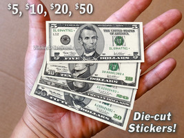 4x Small Money STICKERS Dollar Bills Tiny Mini Cash Decal 5 10 20 50 - £3.95 GBP