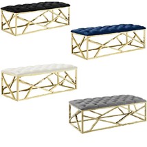 Velvet Button Tufted Bench Gold Stainless Abstract Base-Blue Black Gray Ivory - £183.81 GBP+