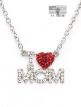 I love MOM Necklace Rhinestone Crystal  Silver Red Heart Mother&#39;s Day Gift Box - £11.46 GBP