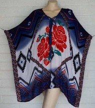 Sonoma OSFA Tribal Floral Tie Neckline Rayon Gauze Poncho Top Cover-up Cruise - £12.62 GBP