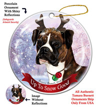 Holiday Pet Brindle Boxer Uncropped Reindeer Dog Porcelain Christmas Ornament - £24.29 GBP