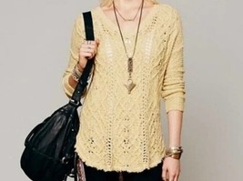 Free People Cross My Heart Sweater Loose Knit V-Neck Frayed Yellow Gold Womens S - £15.11 GBP