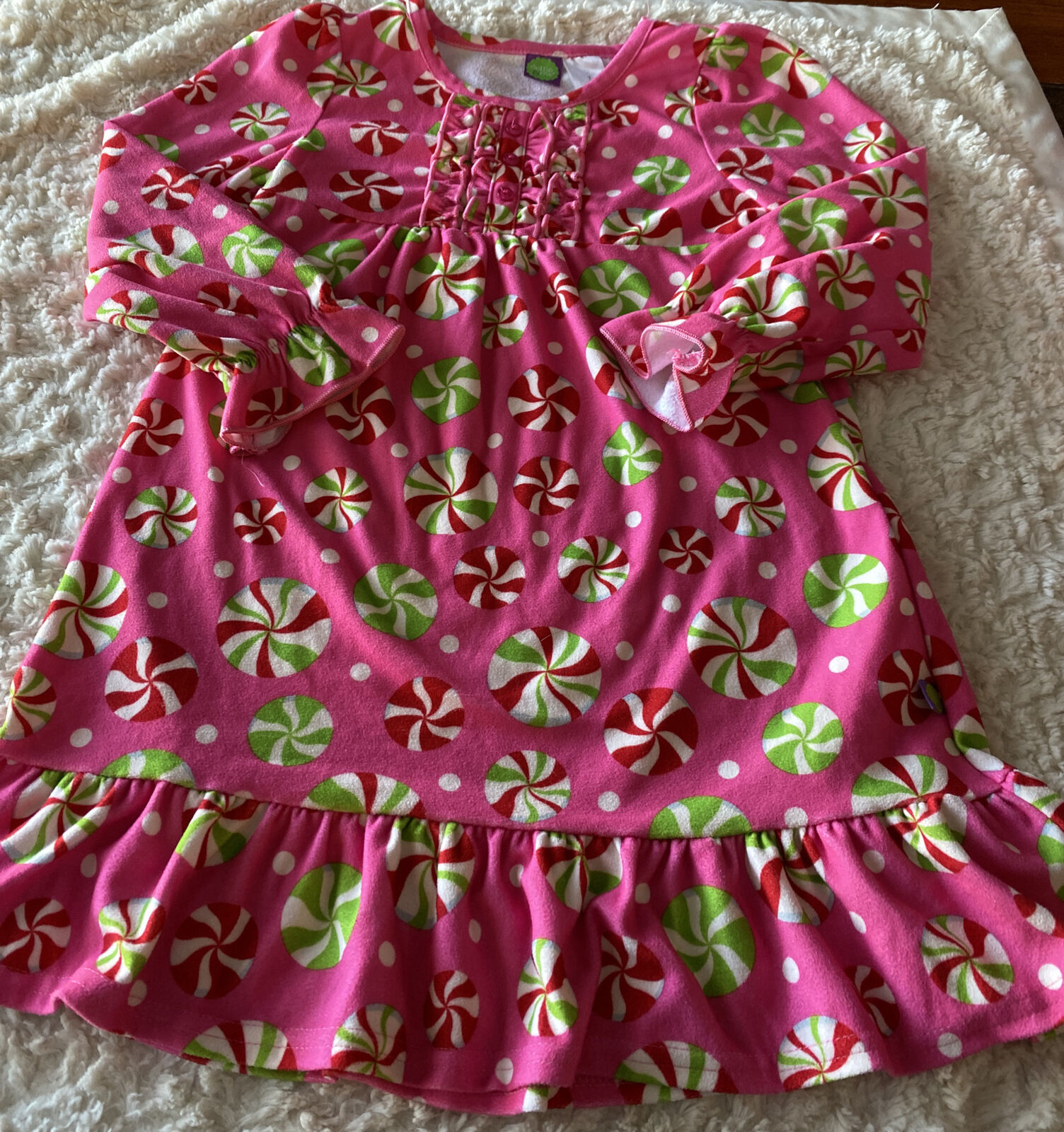 Dollie &amp; Me Girls Pink Red White Green Christmas Candy Fleece Nightgown 7 - $8.33