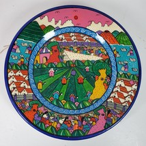 Vintage Folk Art Hand Painted Plate Decor 16 Inch Ready To Hang - £34.41 GBP