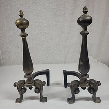 Vintage Cast Iron Brass Finish Fireplace Andirons Fire Dogs 17 Inches Tall  - $46.34