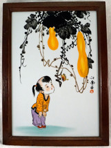 Signed Chinese Hand Painted Porcelain Tile Plaque Girl &amp; Butterfly Wood Frame - £397.41 GBP