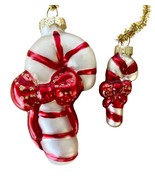 Christmas Ornament Candy Canes Pair Molded Glass Red Bows Gold Glitter V... - $13.55