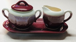 Japan Porcelain Burgundy White Sugar Creamer &amp; Tray Set Vintage - £12.51 GBP