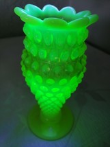 Fenton 6 " Topaz Opalescent Hobnail Vaseline   footed  Vase Petal UV Sensitive - $58.91