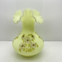 Vintage Fenton Satin Custard Glass Vase Crimped Rim Hand Painted Signed ... - £54.48 GBP