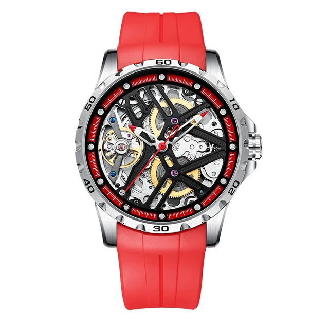  Men    Hollow Automatic Mechanical Watch Sport  Men&#39;s  Black Steel Case Red Sil - £67.94 GBP