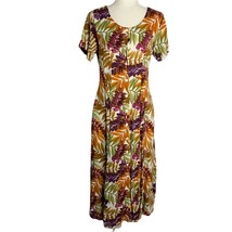 Vintage 90s Button Down Maxi Dress S Multicolored Leaves Tie Waist Short Sleeve - £55.89 GBP