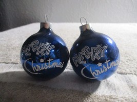 2 Vintage Blue Merry Christmas Tree Stencil Blown Glass Ornament 2.5&#39;&#39; - £19.45 GBP