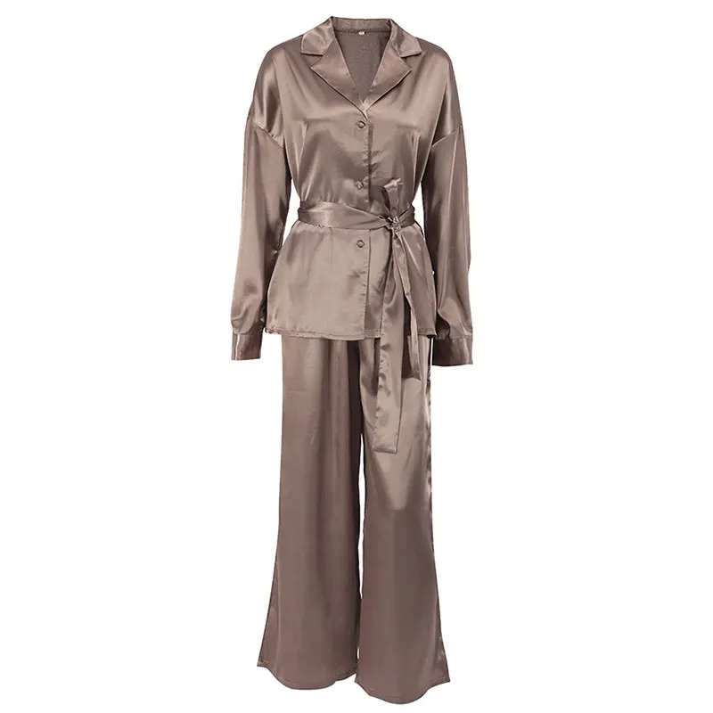 Elegant Satin Long Sleeve Blazer Suits Women Turn Down Collar With Belt 2 Piece  - £149.69 GBP