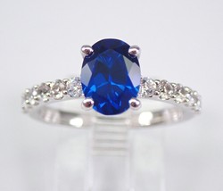 14k White Gold Plated 2.20 CT Oval Cut Lab-Created Blue Sapphire Solitaire Ring - £47.36 GBP