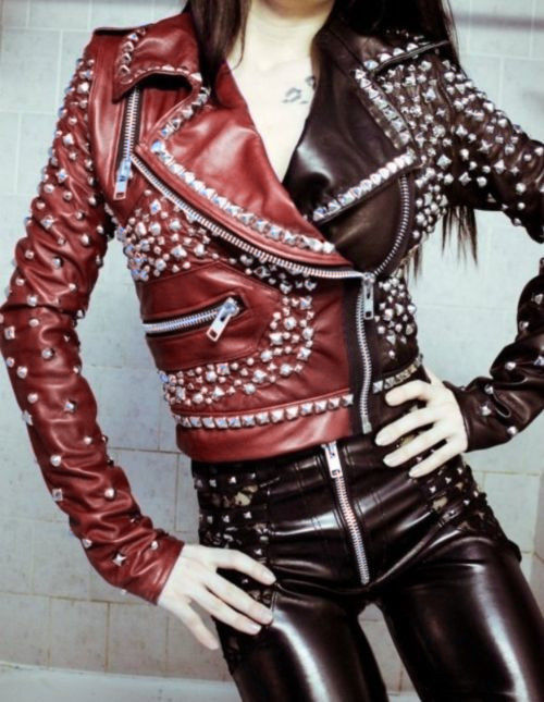 Women's Two Tone Brown Red Contrast Genuine Biker Leather Silver Studded Jacket