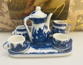 Mini Flow Blue Tea Set 9 Pieces Teapot Lid Creamer Sugar Cups Saucers 4-... - £26.07 GBP