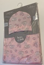 Girls Betty &amp; Bob 2 Pc Swaddle Baby Blanket &amp; Hat Gift Set Swan &amp; Flowers Pink - £10.38 GBP