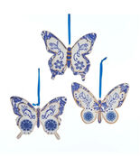 KURT ADLER SET OF 3 PORCELAIN INDIGO BLUE- DELFT STYLE BUTTERFLY ORNAMEN... - $40.25 CAD