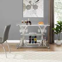 Modern Chrome Bar Cart: Glass &amp; Metal Wine Rack - $235.99