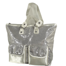 Prai Silver Sequins Zipper Closure Tote Bag With 2 Snap Close Exterior Pockets - £13.53 GBP