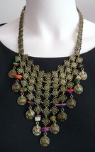 Bib Statement Necklace Jules Egyptian Revival Cat Face Colored Shell Adjustable - £18.37 GBP