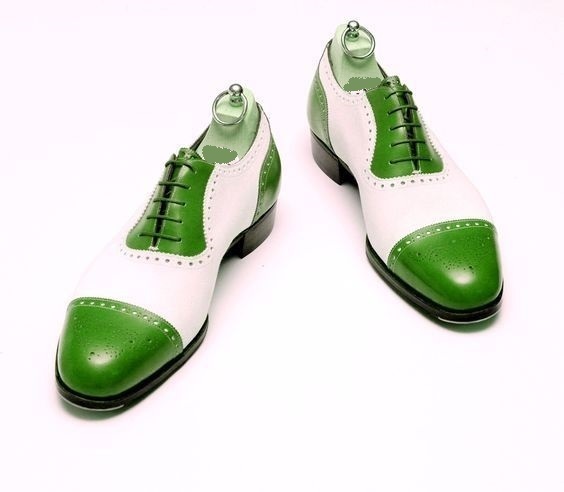 NEW Men Handmade Green White Leather Shoes shoes, men's formal Cap Toe Lace Up S