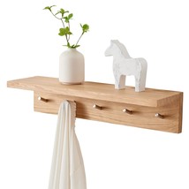 Oak Wood Wall Shelf With 5 Hooks, Entryway Shelf Coat Rack With Hooks Floating S - £54.00 GBP