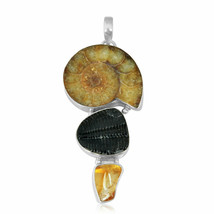 Sterling Silver Ammonite, Amber and Trilobite Jewelry Pendant - £43.36 GBP