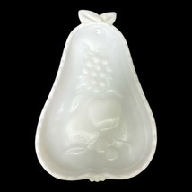 White Milk Glass Fruit Shaped Pear Trinket Tray Dish Flowers Floral Bottom VTG - £9.01 GBP
