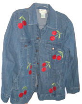 Denim Jean Jacket THE QUACKER FACTORY Embroidered Beaded CHERRIES Rockab... - £31.57 GBP