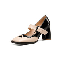 Retro Party patchwork Mary Janes new High Heels Pumps Square Toe Genuine Leather - £81.60 GBP