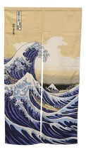 Japanese Noren Beige Curtain Tapestry The Great Wave Mt Fuji By Hokusai 59.25&quot;L - £48.57 GBP