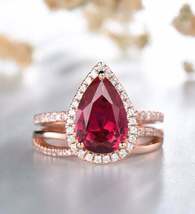2.75Ct Pear Cut Red Ruby &amp; Halo Diamond Wedding Ring Set 14K Rose Gold Over - £70.52 GBP