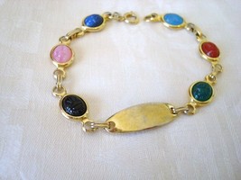 Vintage Gold Tone ID Bracelet ~ Small Multi Color Scarab Beetles ~ Costume Jewel - £6.32 GBP