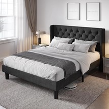 Allewie Full Size Bed Frame With Button Tufted Wingback Headboard, Modern, Black - £149.62 GBP