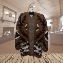 Lucky Brand Open Front Cardigan XS Boho Aztec Knit Sweater Brown Long Po... - $27.72