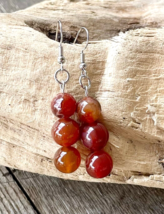 Red Agate Beaded Boho Drop Dangle Earrings Stacked Silver Hooks Round Gemstone - £2.32 GBP