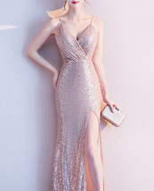 Gold Sequin Maxi Dress Gown Women Plus Size High Slit Sequin Maxi Dress image 7