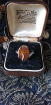 Vintage 1950-s Sterling Silver Amber Ring UK N, US 7 3/4 - Beautiful Des... - £62.54 GBP