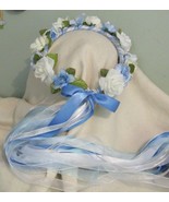 Summer Lake Wreath Blue &amp; White Flowers/ Pearl like Beads /Wedding /Hand... - £39.39 GBP