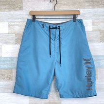 Hurley Swim Board Shorts Blue Solid 9&quot; Inseam Logo Quick Dry Swimwear Me... - £15.59 GBP