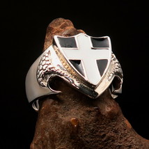 Perfect Mens Shield Ring Flag of Cornwall white Cross on black - Sterling Silver - £54.91 GBP