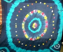 Batik Rayon Scarf Concentric Circles Navy Turquoise Bullseye 40 Inches - £10.27 GBP